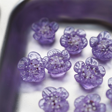 透紫花瓣白芯~手造直孔立体花朵植物园日本进口灯工玻璃琉璃珠 尺寸约13MM-2