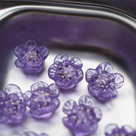 透紫花瓣白芯~手造直孔立体花朵植物园日本进口灯工玻璃琉璃珠 尺寸约13MM-3