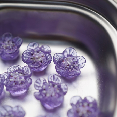 透紫花瓣白芯~手造直孔立体花朵植物园日本进口灯工玻璃琉璃珠 尺寸约13MM-5
