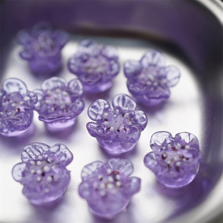 透紫花瓣白芯~手造直孔立体花朵植物园日本进口灯工玻璃琉璃珠 尺寸约13MM-4
