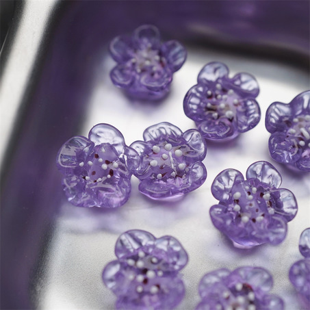 透紫花瓣白芯~手造直孔立体花朵植物园日本进口灯工玻璃琉璃珠 尺寸约13MM-6