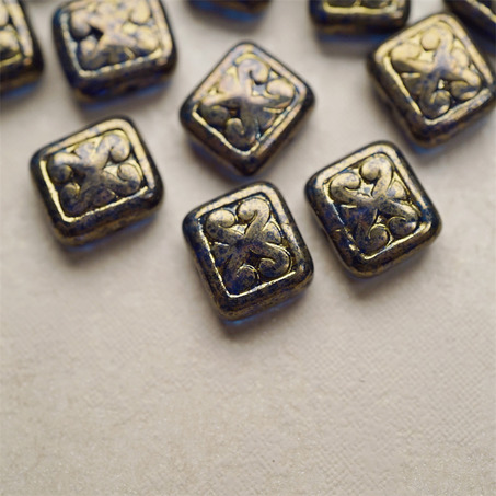 夜蓝鎏金金属感~浮雕巴洛克纹样长方形扁珠 11X12MM-1