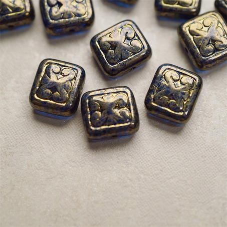 夜蓝鎏金金属感~浮雕巴洛克纹样长方形扁珠 11X12MM-2