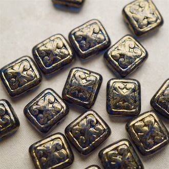 夜蓝鎏金金属感~浮雕巴洛克纹样长方形扁珠 11X12MM