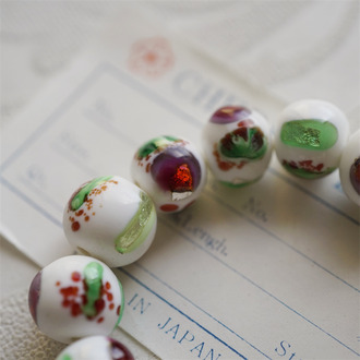 馥郁白底紫绿拼色斑纹银箔~熔岩琉璃稀有款圆珠~日本进口中古古董灯工玻璃琉璃珠 约11-13MM