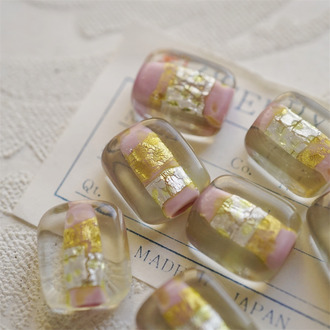 稀有粉色夹心透明金箔银箔方块珠~手造方形直孔珠日本进口中古古董灯工玻璃琉璃珠 尺寸约15X18MM