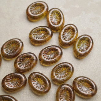 复古棕绿斑驳星光玫瑰金色~奇异纹椭圆捷克珠琉璃玻璃珠 14X10MM