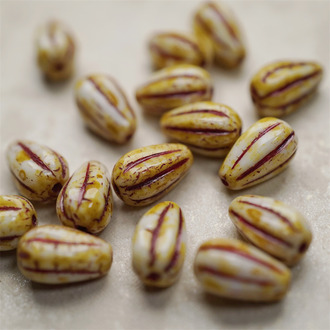 米黄斑驳做旧色描深红~水滴南瓜珠捷克玻璃琉璃 13X8MM