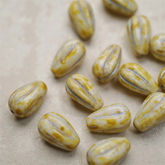 米黄斑驳做旧色描浅蓝~水滴南瓜珠捷克玻璃琉璃 13X8MM