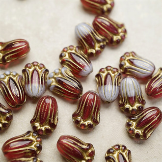 圣诞红白渐变做旧描金色~可爱郁金香捷克珠玻璃琉璃 12X8MM