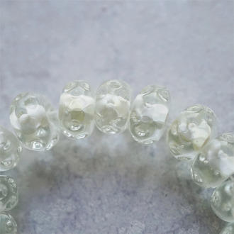 透明雪白配色~手造水波圈纹扁圆算盘珠日本进口中古古董灯工玻璃琉璃珠 8X13MM