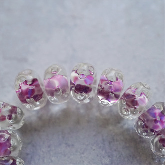 透明粉紫斑纹配色~手造水波圈纹扁圆算盘珠日本进口中古古董灯工玻璃琉璃珠 8X13MM