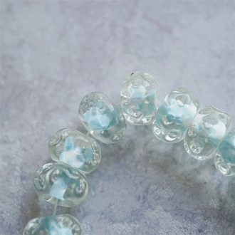 奶油蓝白云配色~手造水波圈纹扁圆算盘珠日本进口中古古董灯工玻璃琉璃珠 8X13MM