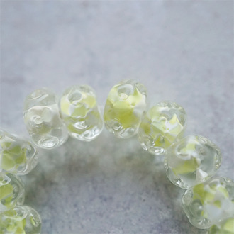 透明柠檬黄斑纹配色~手造水波圈纹扁圆算盘珠日本进口中古古董灯工玻璃琉璃珠 8X13MM