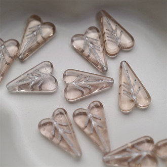 透水粉色描银~复古桃心爱心树叶直孔捷克珠玻璃琉璃珠 16X11MM