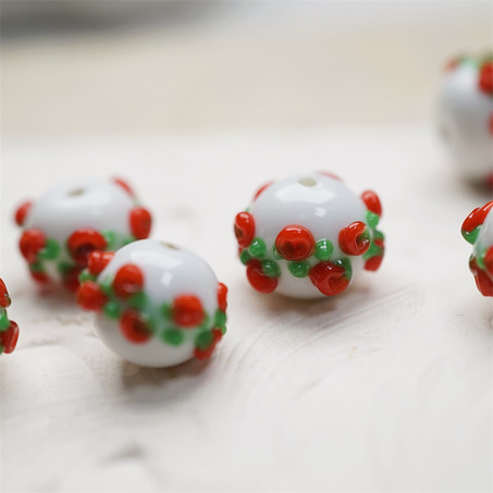 圣诞新年红玫瑰花园浮雕彩绘效果~手造精致圆珠日本进口灯工玻璃琉璃珠 14X10MM-3