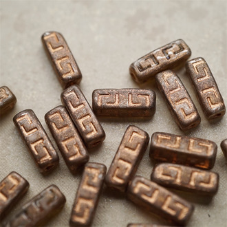 复古雾面玫瑰鎏金~长方形古风纹样柱形珠捷克珠玻璃琉璃 15X5MM