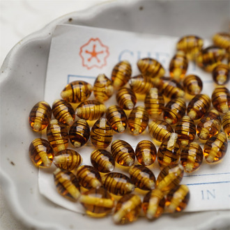 十枚入！经典琥珀玳瑁条纹mix手造迷你米粒形椭圆珠~日本制手工琉璃玻璃珠樱桃牌古董珠 5-7.5MM