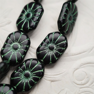 纯黑色描金属绿~长方形异形太阳花捷克珠玻璃珠琉璃珠 19X13MM