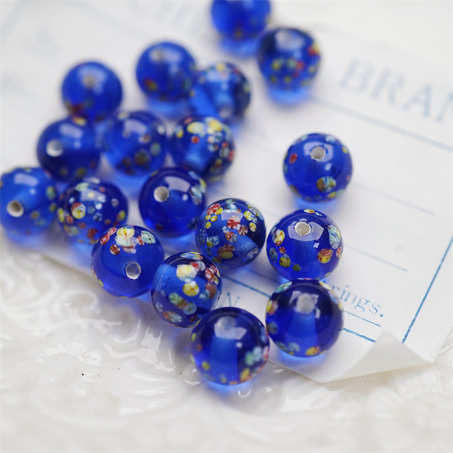 透感宝蓝色经典千花花纹手造绝美圆珠~日本进口中古古董灯工玻璃琉璃珠