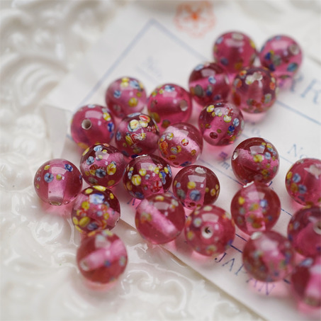 透感玫粉色经典千花花纹手造绝美圆珠~日本进口中古古董灯工玻璃琉璃珠-2