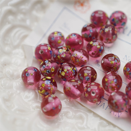 透感玫粉色经典千花花纹手造绝美圆珠~日本进口中古古董灯工玻璃琉璃珠