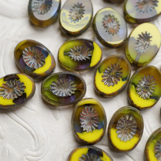 魔法黄调渐变蓝紫mix做旧毕加索色~奇异纹椭圆捷克珠琉璃玻璃珠 14X10MM