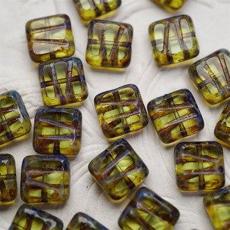 复古透绿色做旧深毕加索效果~条纹方形古董系捷克珠玻璃琉璃 10MM