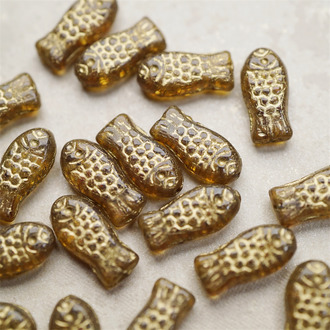 琥珀黄描金色~小鱼菓可爱小鱼干常规尺寸捷克珠玻璃琉璃珠 14X7MM