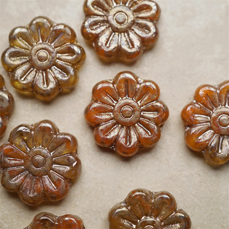 斑驳橘色调渐变mix~多瓣花扁珠捷克珠直孔玻璃琉璃珠 18MM