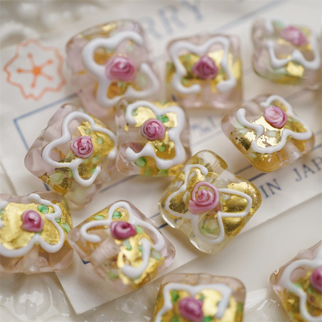 透水粉底色~奶油婚礼蛋糕立体小方块日本进口中古古董灯工玻璃琉璃珠 尺寸约13MM-3