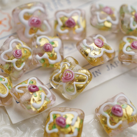 透水粉底色~奶油婚礼蛋糕立体小方块日本进口中古古董灯工玻璃琉璃珠 尺寸约13MM-2