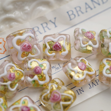 透水粉底色~奶油婚礼蛋糕立体小方块日本进口中古古董灯工玻璃琉璃珠 尺寸约13MM-8
