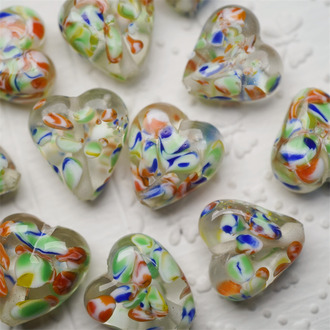 斑斓万花筒配色~手造桃心爱心珠花纹日本进口灯工玻璃琉璃珠 尺寸约15MM