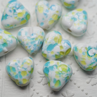 薄荷奶油~手造桃心爱心珠花纹日本进口灯工玻璃琉璃珠 尺寸约15MM