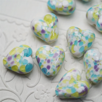 奶油香芋青提配色~手造桃心爱心珠花纹日本进口灯工玻璃琉璃珠 尺寸约15MM