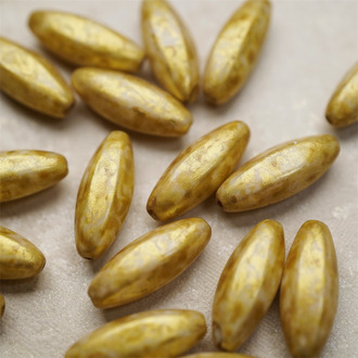 复古鎏金色~梭形椭圆直孔立体多面珠捷克珠玻璃琉璃珠 19X7MM