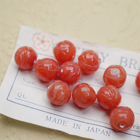 玛瑙红mix~稀有搅糖表面肌理纹理圆珠日本进口中古古董灯工玻璃琉璃珠 约11MM-5