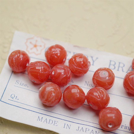 玛瑙红mix~稀有搅糖表面肌理纹理圆珠日本进口中古古董灯工玻璃琉璃珠 约11MM-4