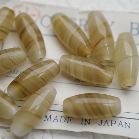 太妃糖米棕条纹mix~手造梭形椭圆珠日本进口中古古董灯工玻璃琉璃珠 尺寸约8X20MM-3