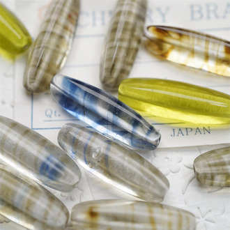 多色入~透感低饱和度配色~稀有手造立体三面异形梭形直孔珠日本进口中古古董灯工玻璃琉璃珠 约10X30MM