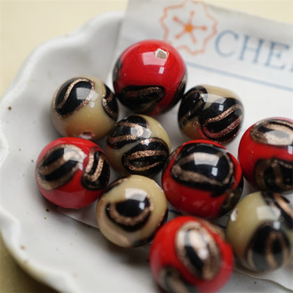 稀有华丽鎏金和风花纹柄~手造圆珠日本进口中古古董灯工玻璃琉璃珠