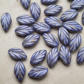 毕加索斑驳复古蓝~树叶侧孔捷克珠玻璃琉璃 11X7MM