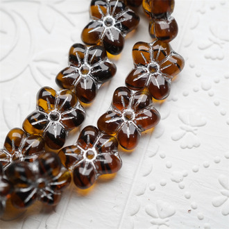 玳瑁条纹mix描银色~捷克珠小花花花朵琉璃珠玻璃珠DIY串珠材料 14MM