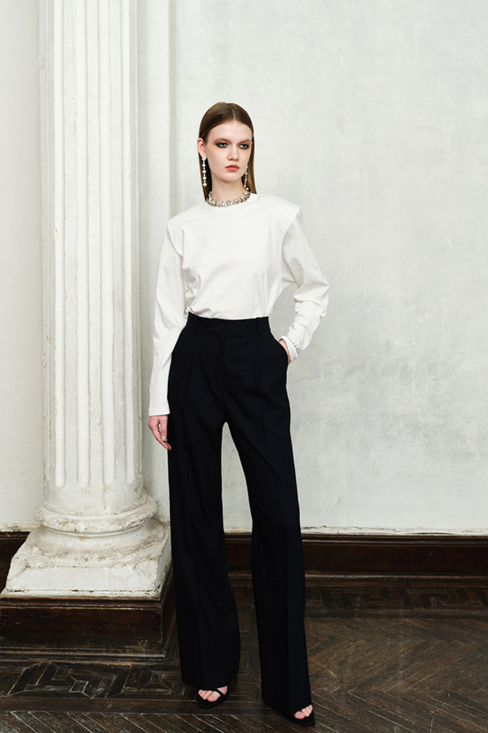 羊毛褶饰剪裁长裤-4