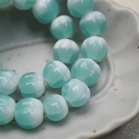 雪盐湖配色渐变~手造南瓜条纹圆珠日本进口灯工玻璃琉璃珠 尺寸约10MM-1