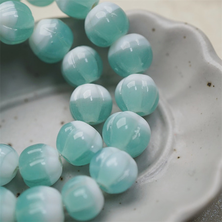 雪盐湖配色渐变~手造南瓜条纹圆珠日本进口灯工玻璃琉璃珠 尺寸约10MM-2