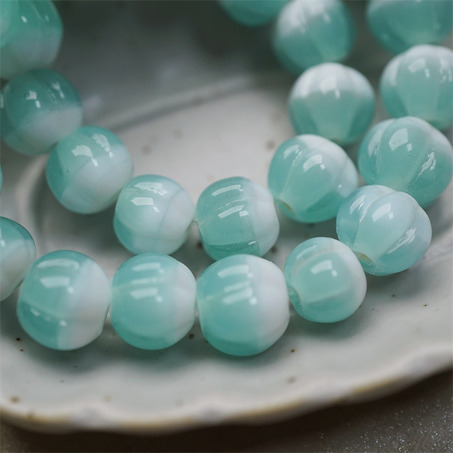 雪盐湖配色渐变~手造南瓜条纹圆珠日本进口灯工玻璃琉璃珠 尺寸约10MM-3