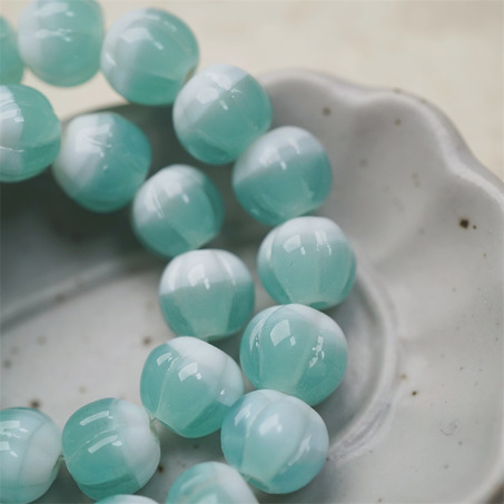 雪盐湖配色渐变~手造南瓜条纹圆珠日本进口灯工玻璃琉璃珠 尺寸约10MM-7