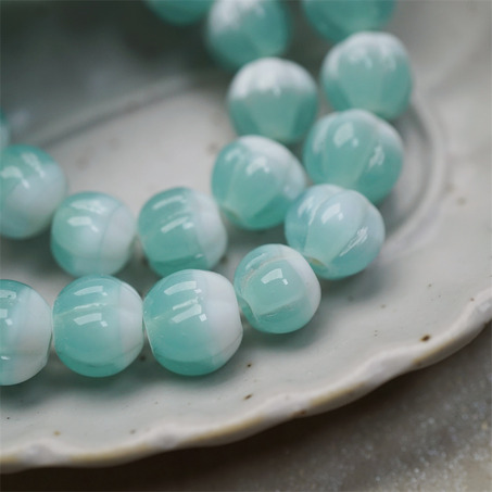 雪盐湖配色渐变~手造南瓜条纹圆珠日本进口灯工玻璃琉璃珠 尺寸约10MM-8